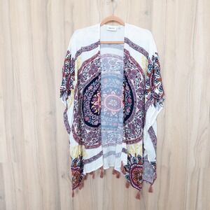 Womens‎ Kimono OS White Multicolor Mandala Print Tassel Open Front Boho Festival